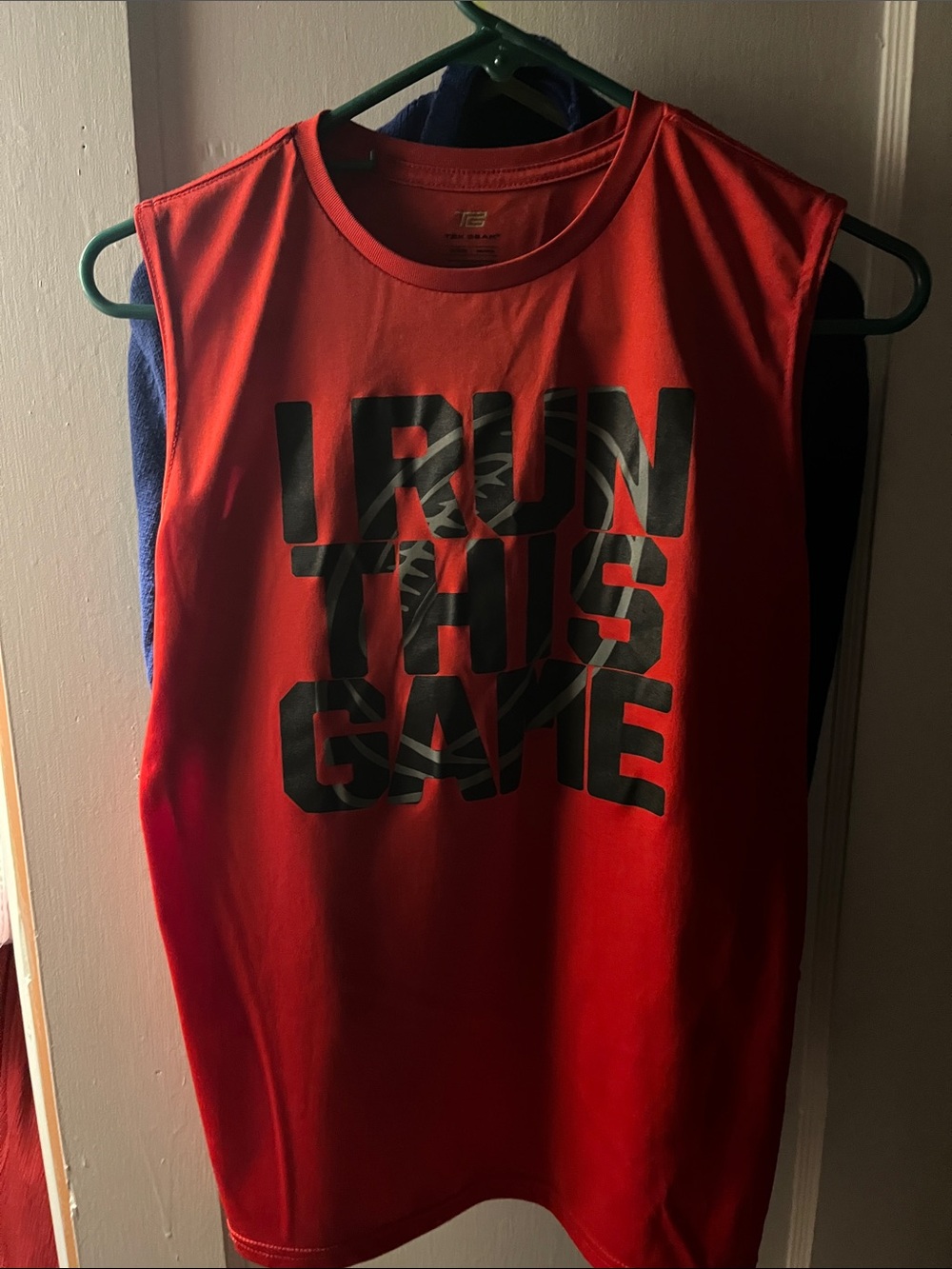 tek gear Red Sleeveless Athletic Tank with Black 'I Run This Game' Graphic